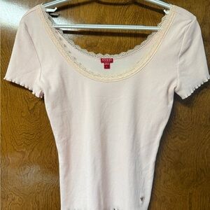 GUESS Women's Soft Pink Lace Accent Tee